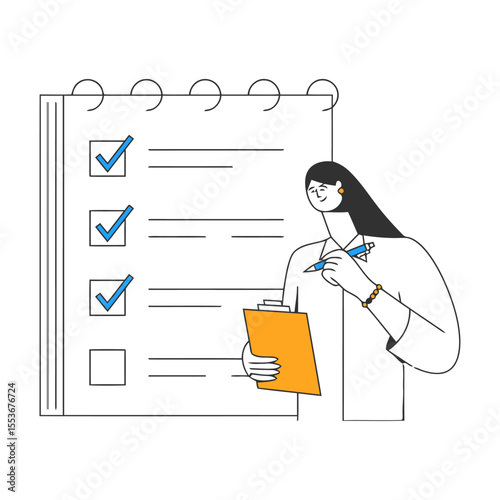 Checklist task management productivity organization planning schedule woman work business list check mark plan vector art illustration