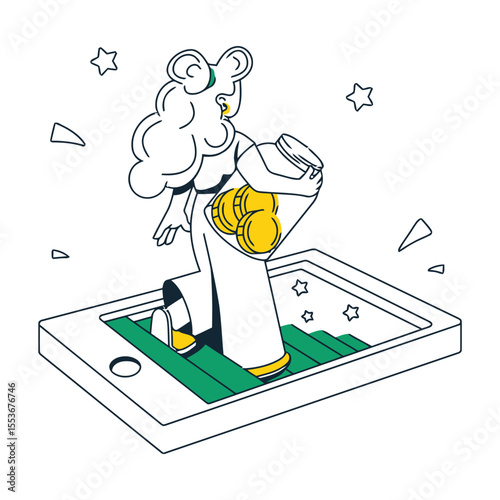 Illustration of woman with money savings jar on mobile phone investment finance wealth growth concept vector art illustration