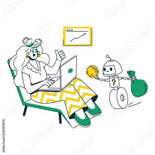 Woman laptop robot coin chart business finance technology investment growth success automation ai work vector art illustration