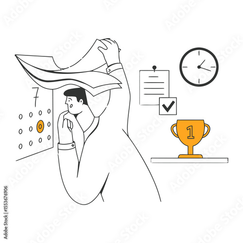 Man calendar schedule planning time management deadline task organization achievement success reminder clock vector art illustration