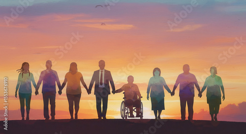 Diverse people united at sunset