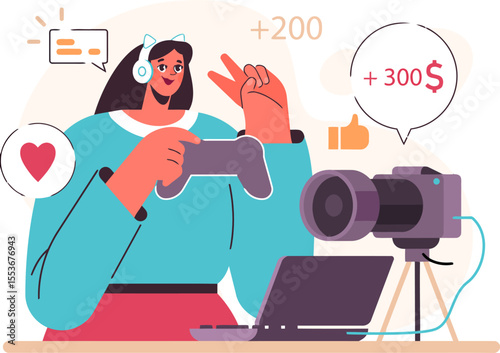 Woman streamer gamer playing game online with controller using camera and laptop for social media content vector art illustration
