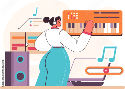 Woman music production artist keyboard music software speaker laptop sound audio beat song studio vector art illustration