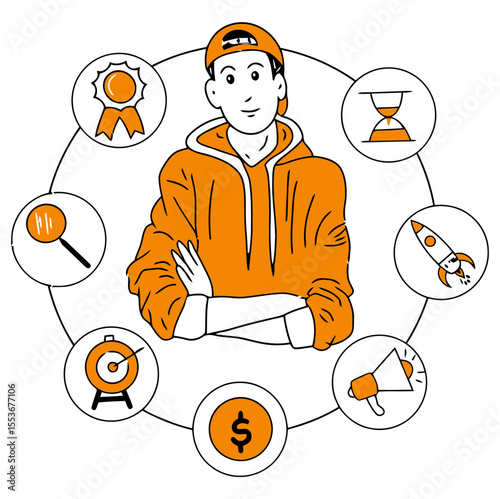 Illustration art design concept graphic vector man hoodie cap money business finance success skill juggle talent vector art illustration