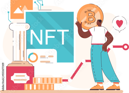 Nft bitcoin cryptocurrency blockchain digital asset investment finance art technology future trend market coin 100 vector art illustration