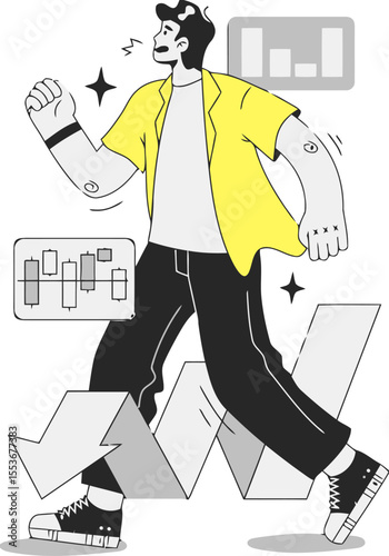 Man walking stock market trader investment finance chart graph business analysis data currency success vector art illustration