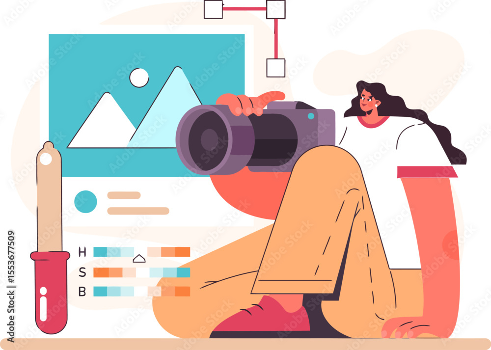 Woman photographer camera photography design graphic editor editing photo retouching illustration vector art vector art illustration