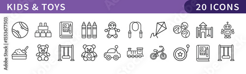 Kids and Toys Icons Set, A collection of 20 vector icons representing kids' toys, games, and playful activities for children.
