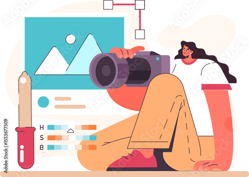 Woman photographer camera photography design graphic editor editing photo retouching illustration vector art vector art illustration