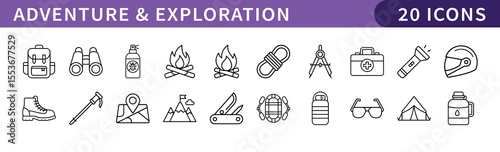 Adventure and Exploration Icons Set, A collection of 20 vector icons showcasing adventure and exploration gear, outdoor activities, and travel essentials.
