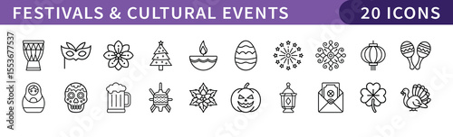 Festivals and Cultural Events Icons Set, A collection of 20 vector icons representing festivals and cultural events, such as celebrations, holidays, and traditions.
