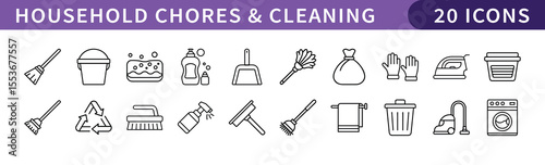 Household Chores and Cleaning Icons Set, A collection of 20 icons illustrating household chores, cleaning tools, and home maintenance tasks.

