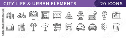 City Life and Urban Elements Icons Set, A set of 20 icons illustrating city life, urban living, and everyday elements in an urban environment.
