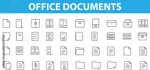 Office Documents Line Icons,  PDF, Word File, Spreadsheet, Folder, Checklist, Report, Archive, Scan, and More,  Editable Formats: AI, EPS, JPG, PNG,  Ideal for Both Digital and Print Use
