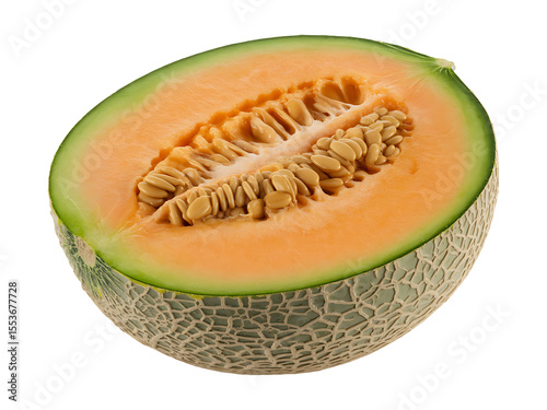 Fresh cantaloupe melon half showing orange flesh and seeds