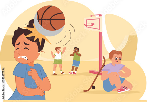 Basketball head injury accident kids playing sport pain health care illustration cartoon vector graphic 100 vector art illustration
