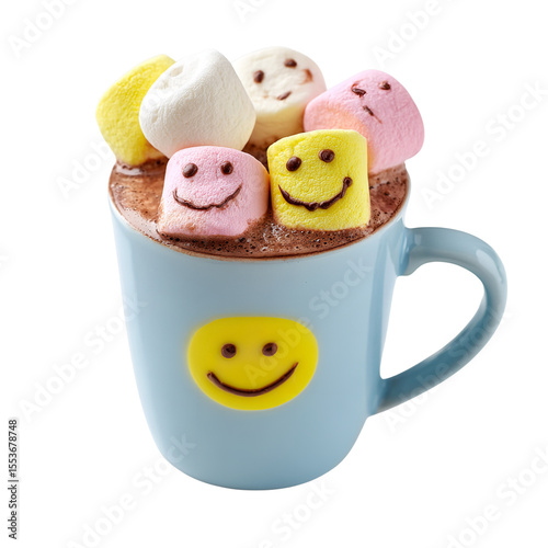 Delicious hot chocolate with smiley face marshmallows in a light blue mug for a cozy winter treat on transparent background