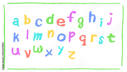 Colorful English alphabet hand-drawn in a crayon. Lowercase color letters in chalk, pastel, or wax style. Highlighter effect on white board for kindergarten drawing and learning. Vector illustration