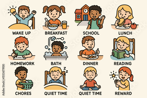 Daily kids routine cartoon icon set for schedules
