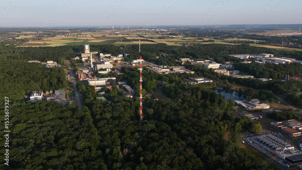 measuring devices on antenna tower. Forschungszentrum Julich, research adn science center in Germany. Aerial video.