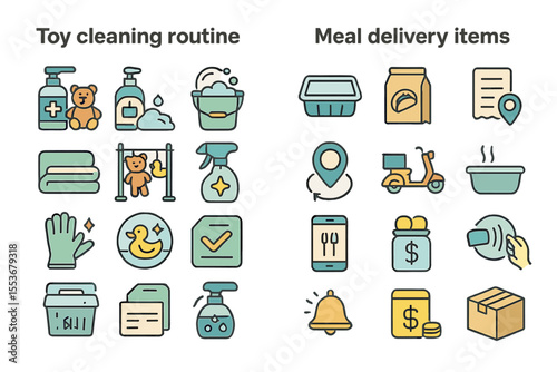 Toy cleaning and food delivery cartoon icon set
