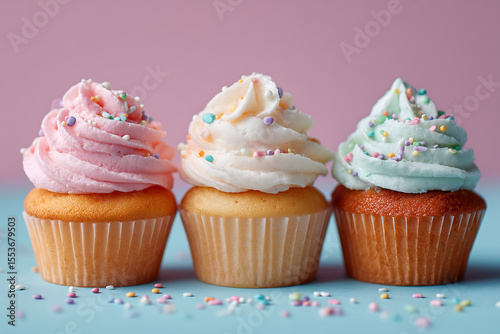three pastel frosted cupcakes with colorful sprinkles on pink and blue background minimal dessert design perfect for celebration party themes or sweet bakery food content and backgrounds