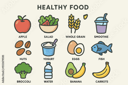 Colorful icons of healthy food choices for kids
