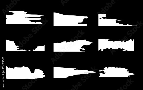 Set of grunge brush stroke borders, featuring ripped paper effects, paint drips, and torn edge shapes, for banner design, and adding a dirty texture or distressed style to your creative projects