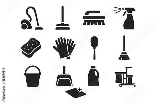 Silhouette icons of cleaning tools and supplies
