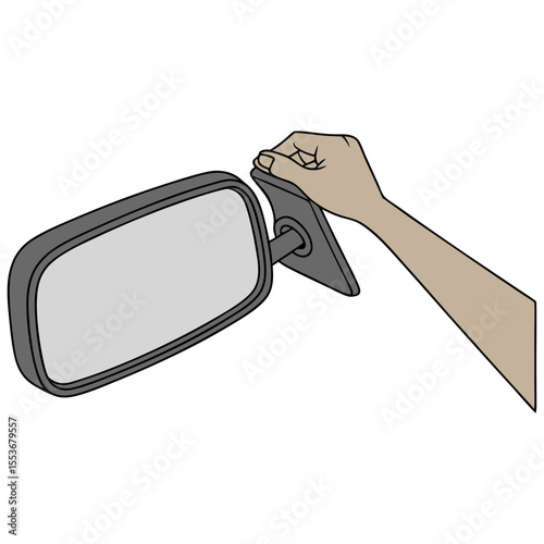A hand reaches toward a rear view mirror, positioning it for optimum reflection, It captures the intention to ensure safety and awareness on the road ahead