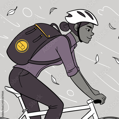 A courier navigates heavy rain and wind, showcasing resilience as they deliver packages, Fallen leaves dance in the air, and papers scatter along the street, highlighting the challenging atmosphere