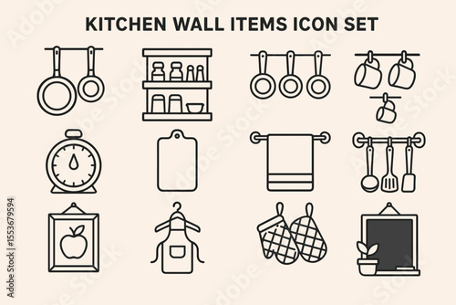 Kitchen wall decor and hanging items icon set

