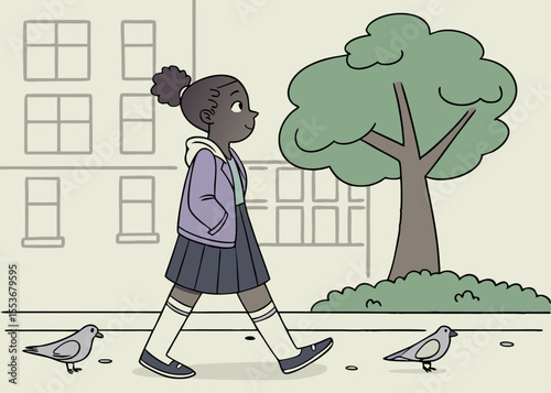 A school girl in a stylish pleated skirt and bomber jacket walks confidently along a tree-lined walkway, with skyscrapers and lively pigeons creating an urban backdrop, embodying youth and freedom