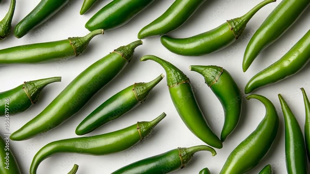 Fresh green chili peppers overhead still life food ingredient