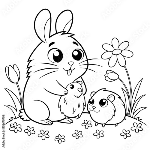 Hamster, Rabbit, and Guinea Pig ັ chubby hamster, a fluffy bunny, and a guinea pig sitting close together, surrounded by tiny flowers