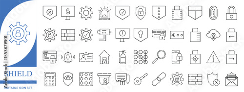 Shield Icon Set Representing General Security and Protection – Minimalist Line Style Vector Illustration