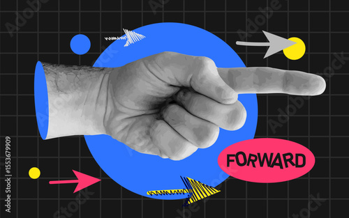 Trendy Retro Collage Hand pointing finger and forward arrow. Social media marketing and promotion