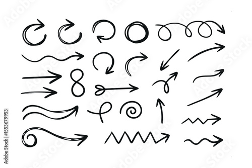 Directional Array: A collection of hand-drawn arrows, each offering a unique symbol, design, and direction to guide, direct, and enhance visual narratives.
