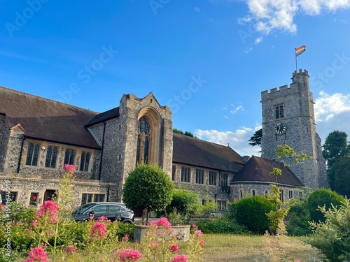 Rainbow flag on the parish church of Saint Peter and Saint Paul in Bromley