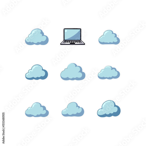 A cartoon laptop surrounded by fluffy blue clouds against a white backdrop in a simple, clean digital illustration style