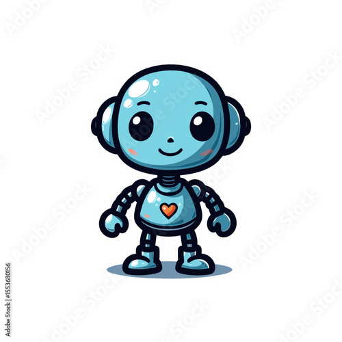 Adorable blue robot cartoon character with heart symbol on its chest, showcasing futuristic and friendly design elements, suitable for children's content