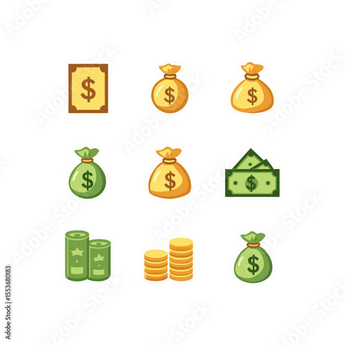 Assorted money icons featuring bags, coins, and bills in a colorful vector design for financial themes