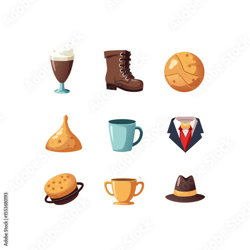 Assortment of cartoon styled objects including beverages, clothing, and baked goods in a vector illustration showcasing a collection of diverse items