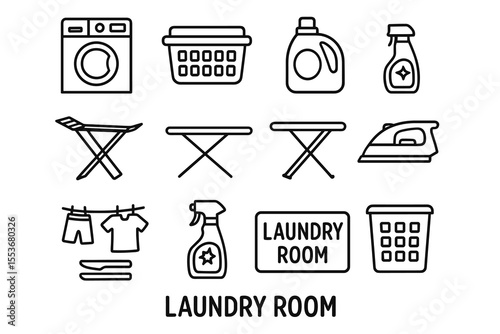 Laundry room line icons for cleaning tasks
