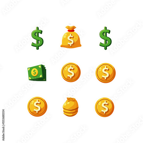 Cartoon money set featuring dollar symbols, gold coins, and money bags in a playful design style, ideal for financial themes and game assets