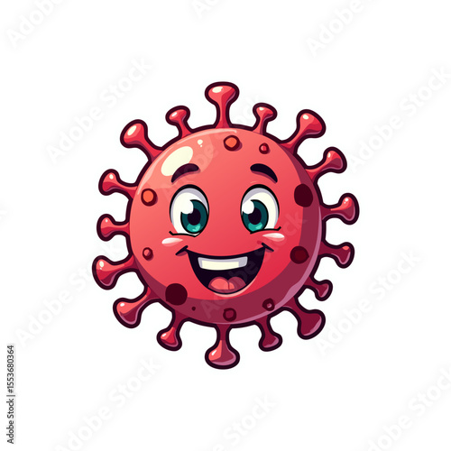 Cartoon depiction of a friendly red virus with a happy face and protruding spikes, set against a clean white backdrop for easy use