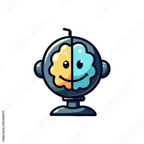 Cartoon robot head with a yellow and blue brain showcasing creative thinking and artificial intelligence capabilities