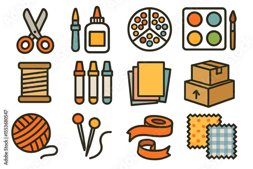 Colorful crafting tools and supplies illustration with scissors, paints, yarn, and boxes