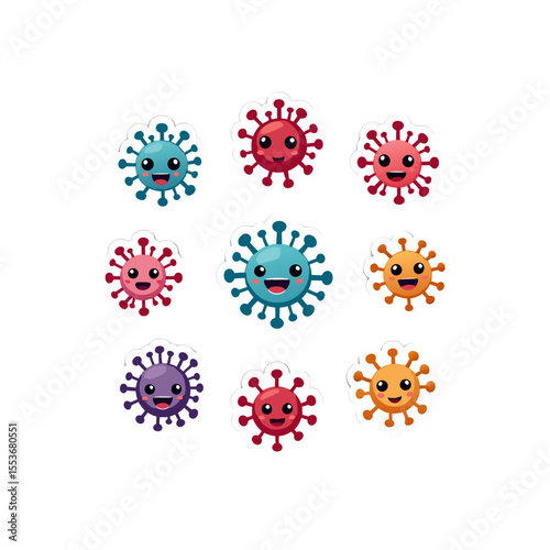 Collection of diverse cartoon virus characters expressing positive emotions in a playful design, perfect for educational content and health awareness campaigns