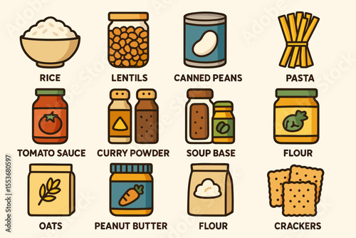 Assorted pantry items: rice, lentils, canned peas, pasta, spices, and condiments